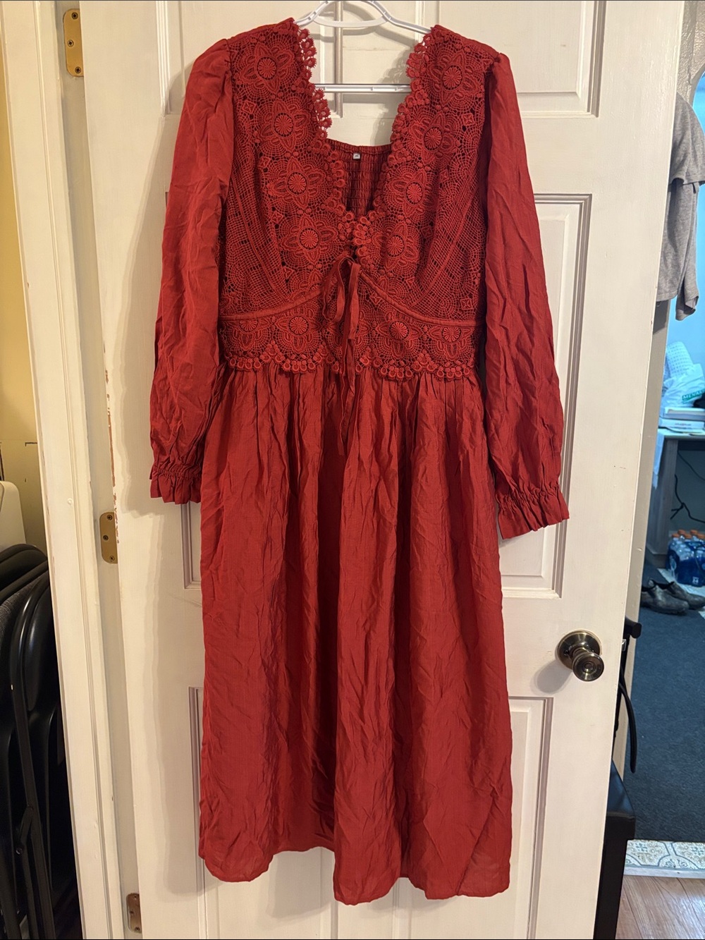 Source Unknown rust colored Crochet Bodice Long Sleeve Midi Dress